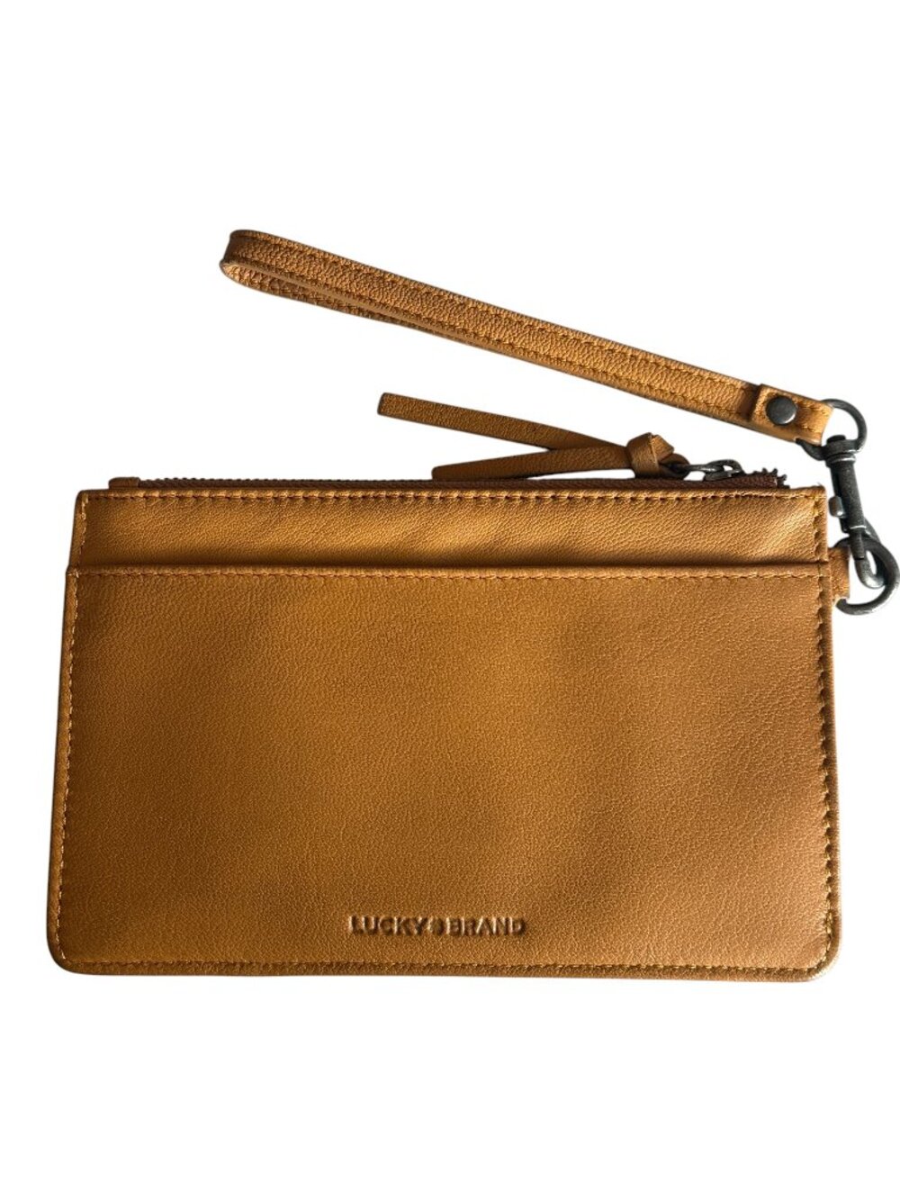 Lucky Brand Camel Leather Wristlet Zip Top Wallet Bag Boho Earthy Tan